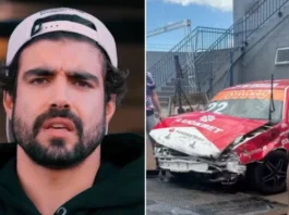 Caio Castro sofre acidente durante treino de corrida; carro ficou com dianteira destruída